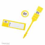 Overzicht van losse delen uit de kleine set genummerde labels in de kleur geel
