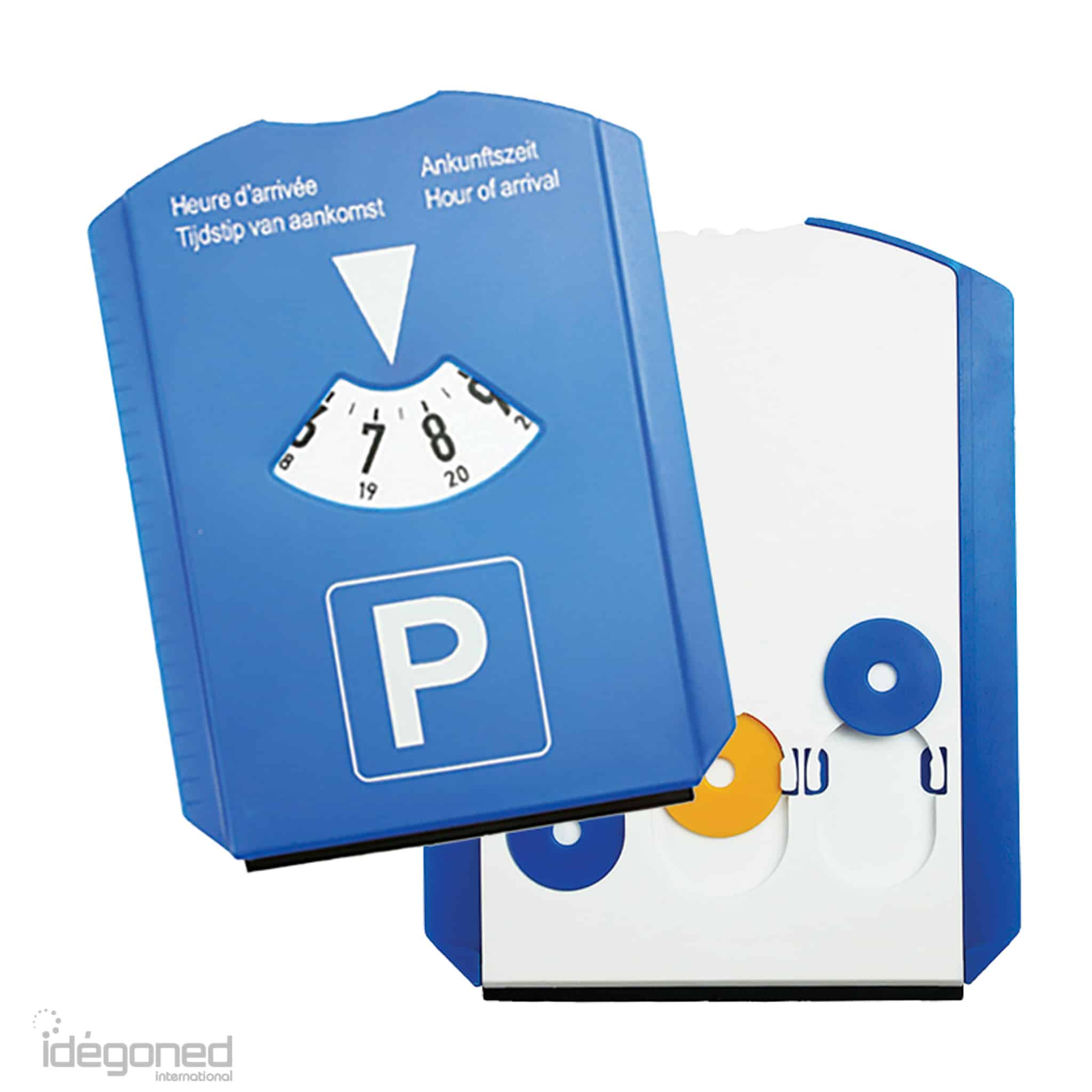 Idegoned 1114 Kunststof Parkeerschijf ijskrabber Kunststof parkeerschijf ijskrabber voorzijde blauw, achterzijde onbedrukt met winkelwagenmuntjes 1114